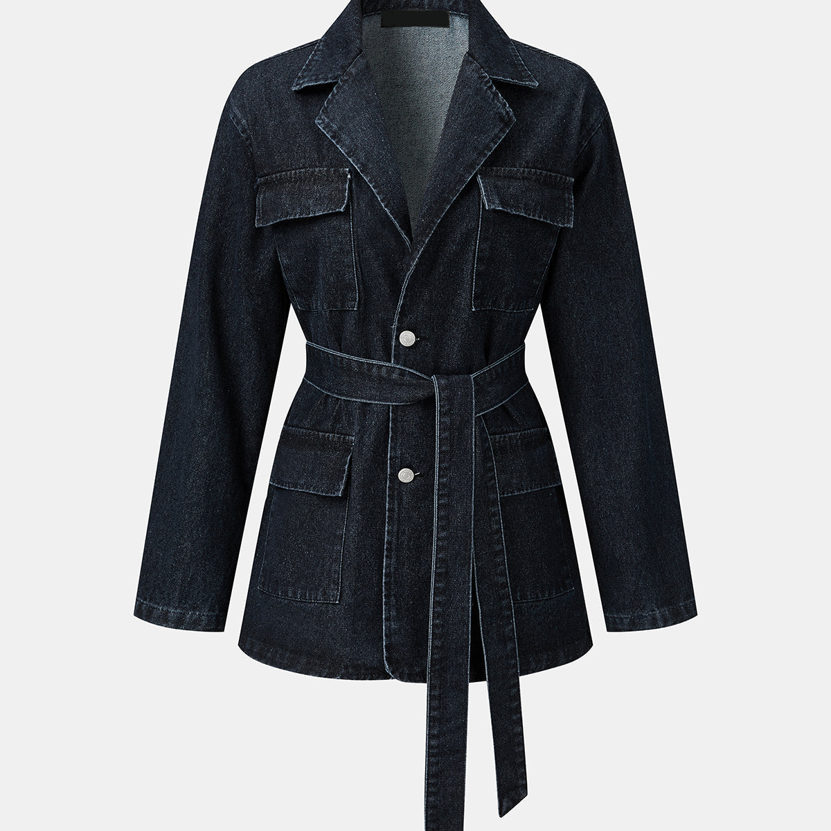 Denim Jacket with Belted Waist and Relaxed Fit for Winter Warmth