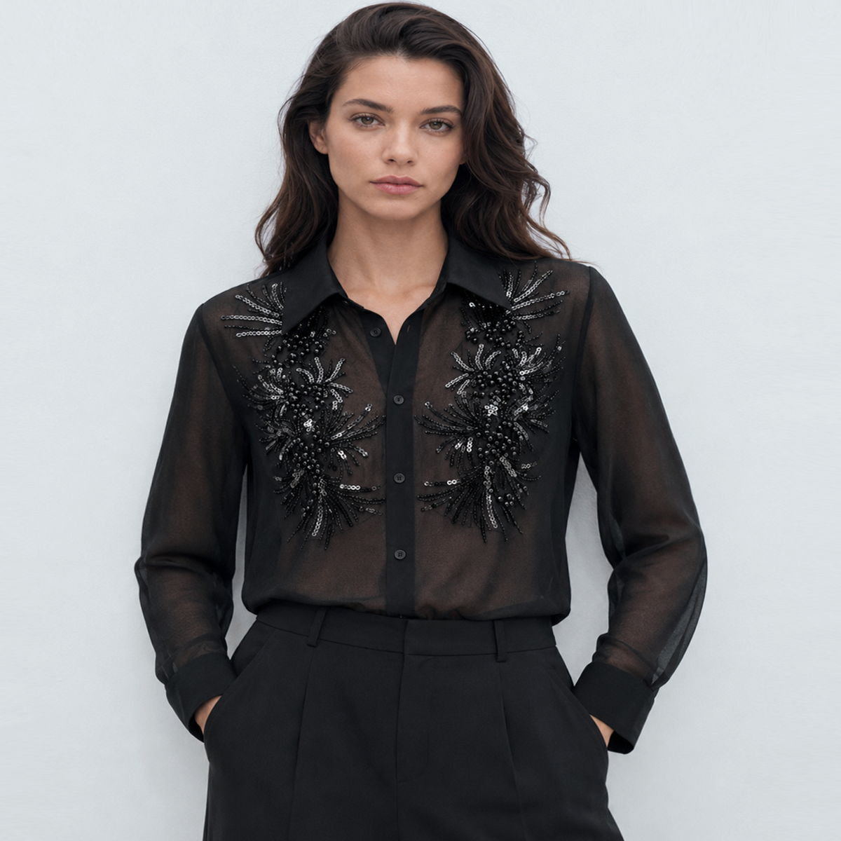 Long Sleeve Chiffon Collar Blouse with Semi-Sheer Fabric and Relaxed Fit