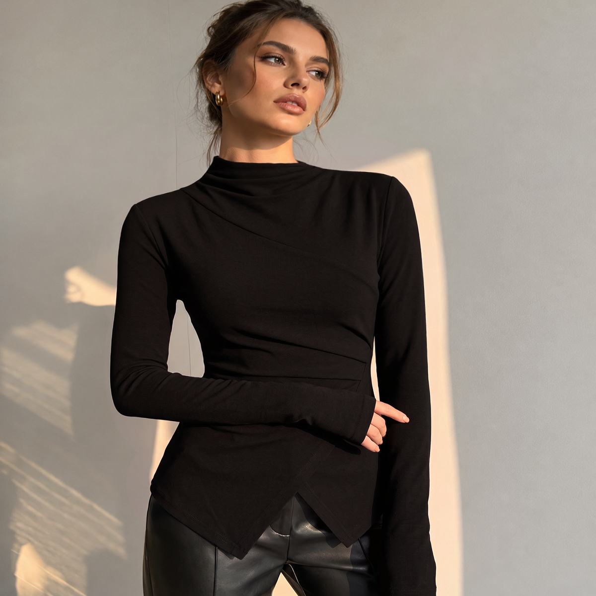 Asymmetrical Neck Long Sleeve Jersey Top with Medium Stretch