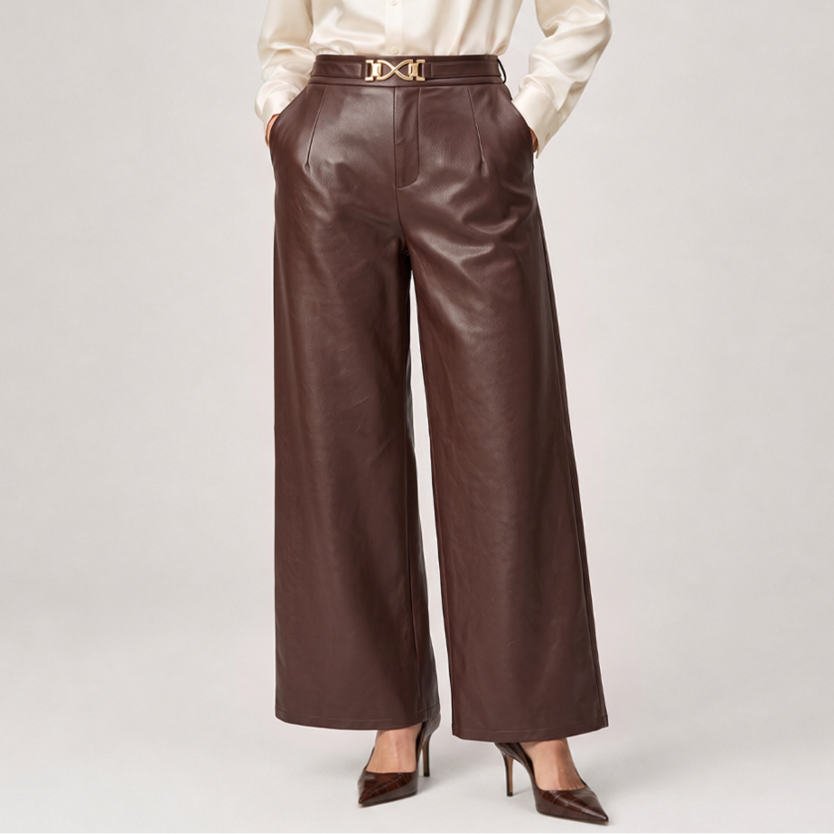 Straight Leg Faux Leather Pants with Elastic Waistband and Full Lining