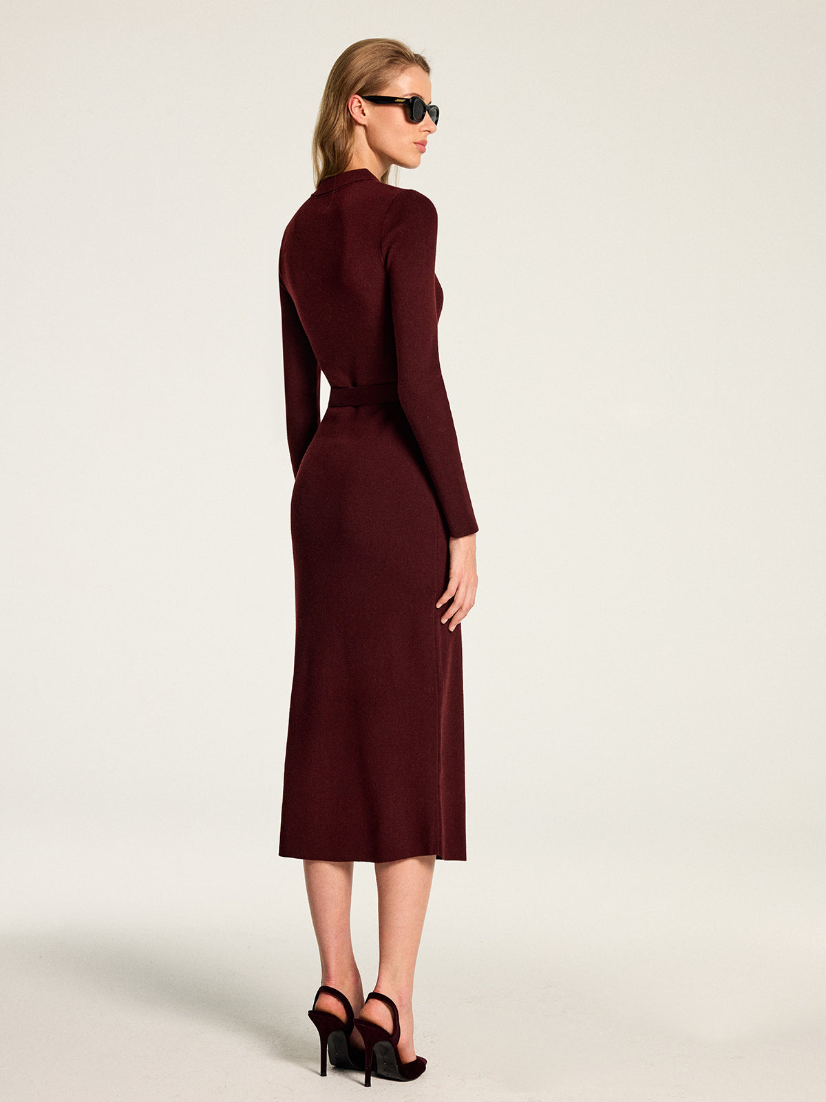 Belted Knit Midi Dress with High Stretch Fabric and Long Sleeves