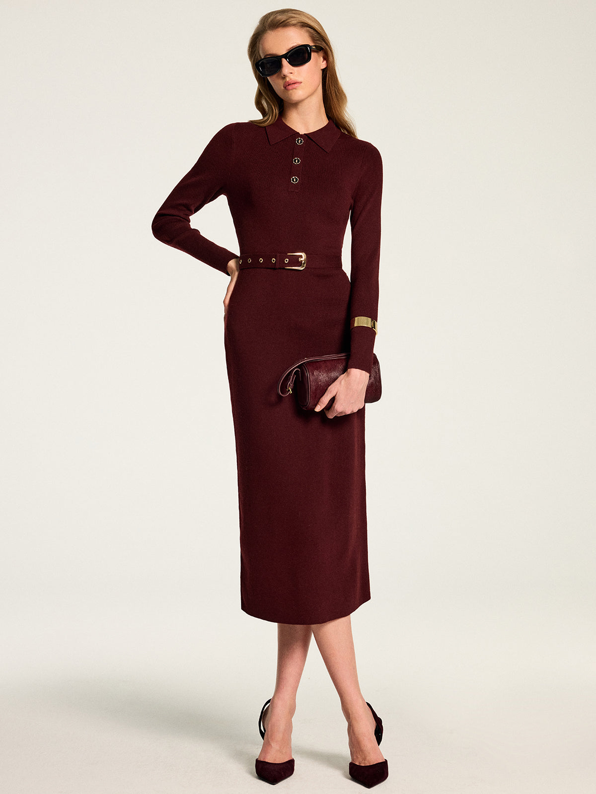 Belted Knit Midi Dress with High Stretch Blend and Wrist Length Sleeves