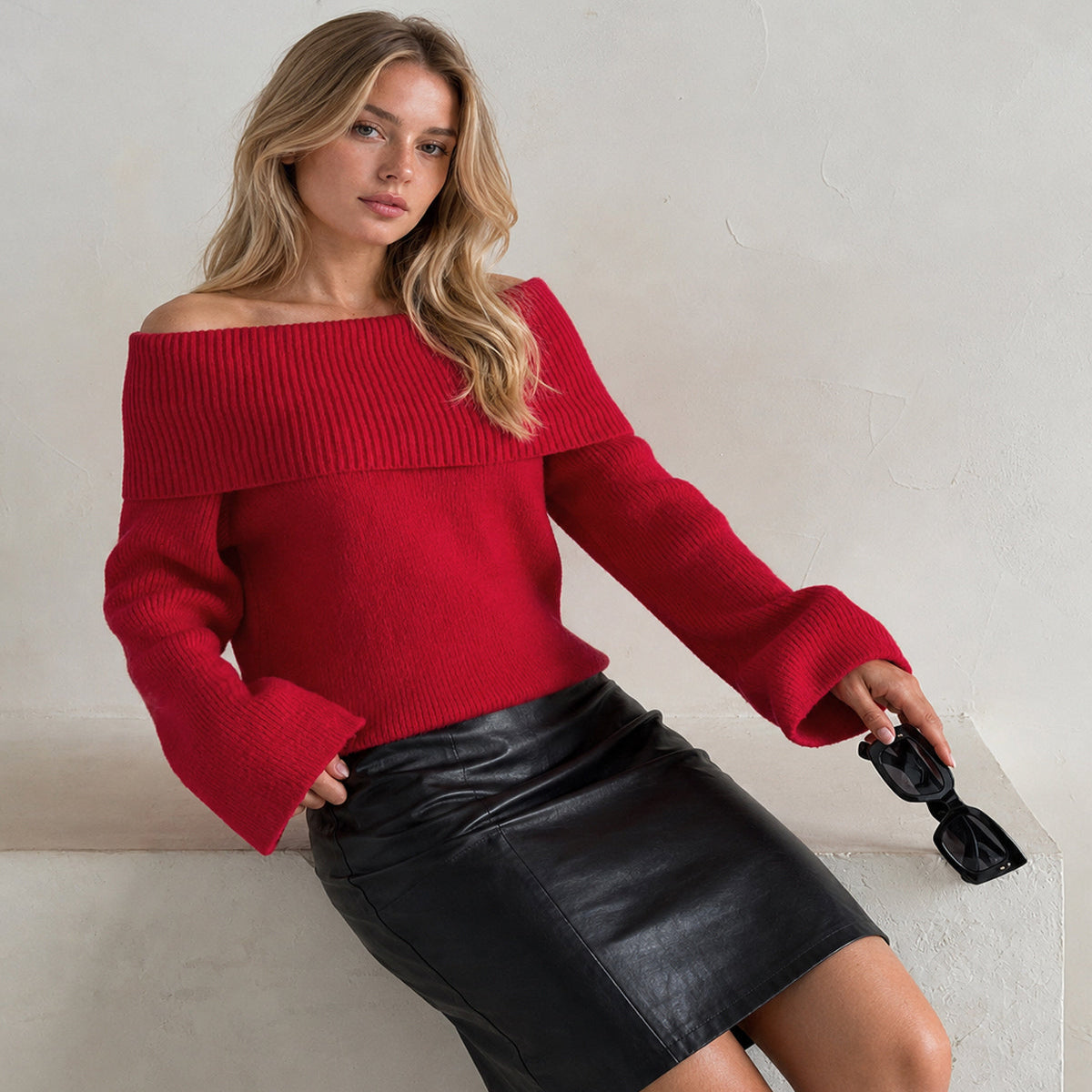 Long Sleeve Acrylic Knit Sweater with Off-Shoulder Fold-Over and Relaxed Fit