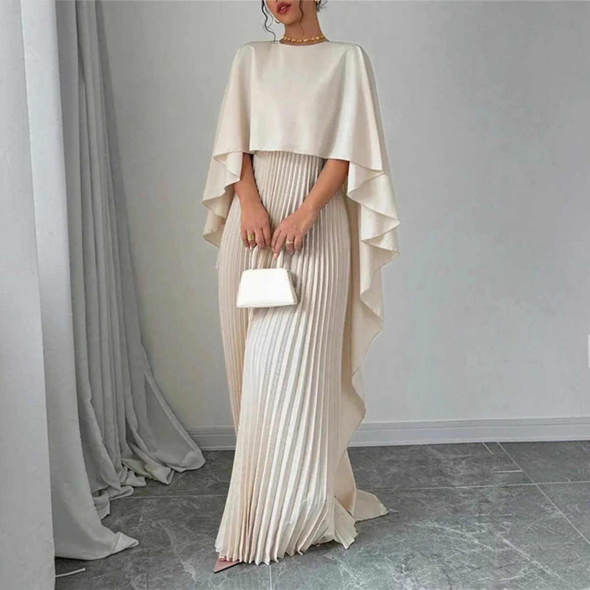 Pleated Maxi Dress with Cape Overlay and Tailored Bodice, Floor-Length