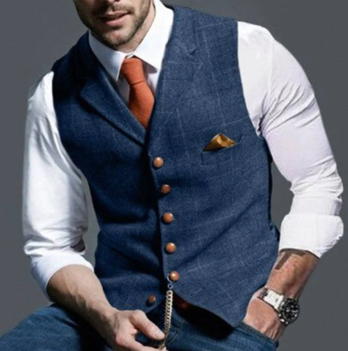 Mens V-Neck Vest with Adjustable Back Strap and Button Front, Woven Blend