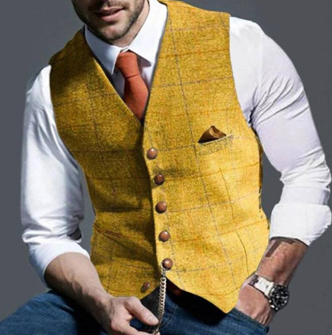 Mens V-Neck Vest with Adjustable Back Strap and Button Front, Woven Blend