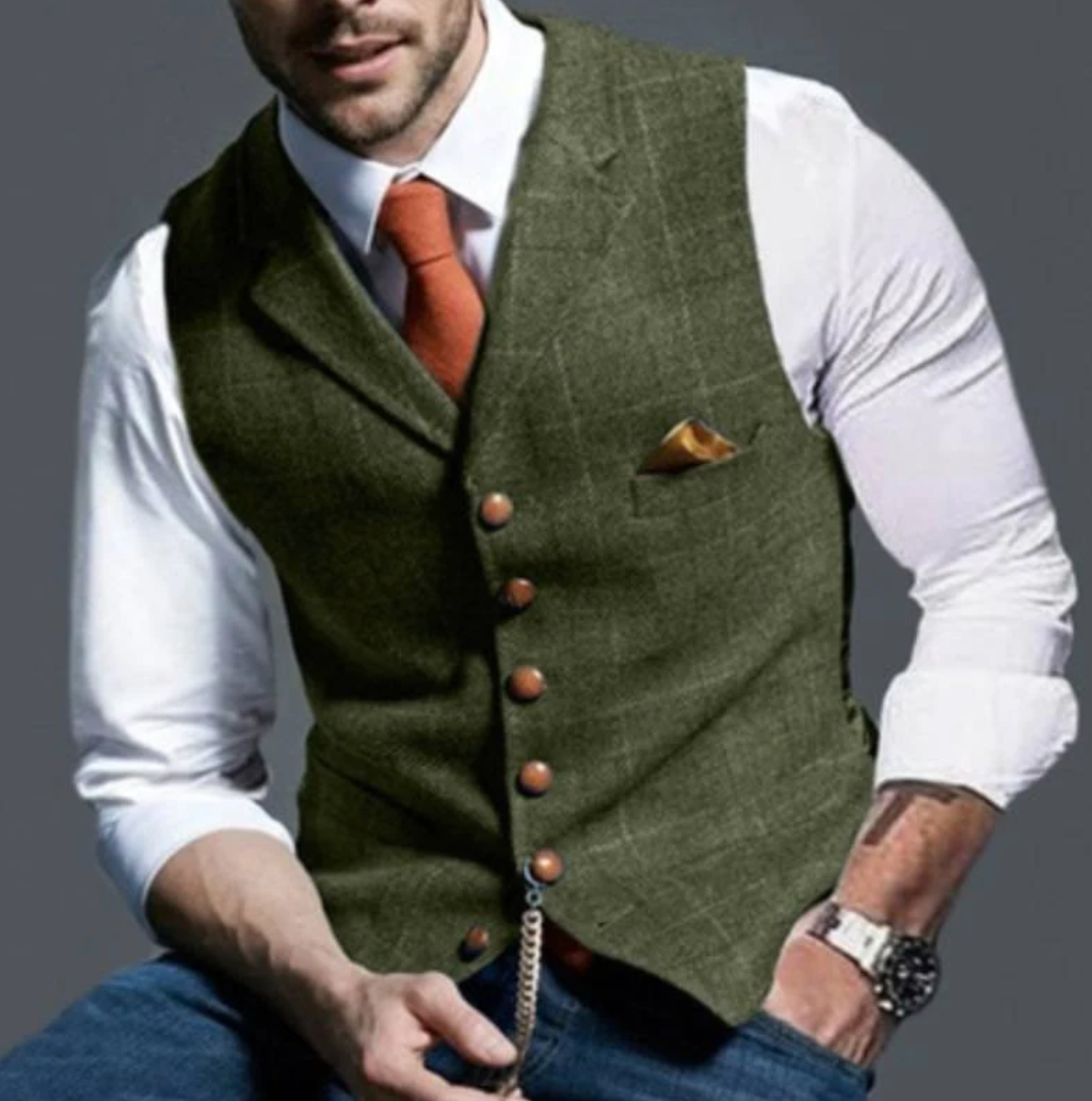 Mens V-Neck Vest with Adjustable Back Strap and Button Front, Woven Blend