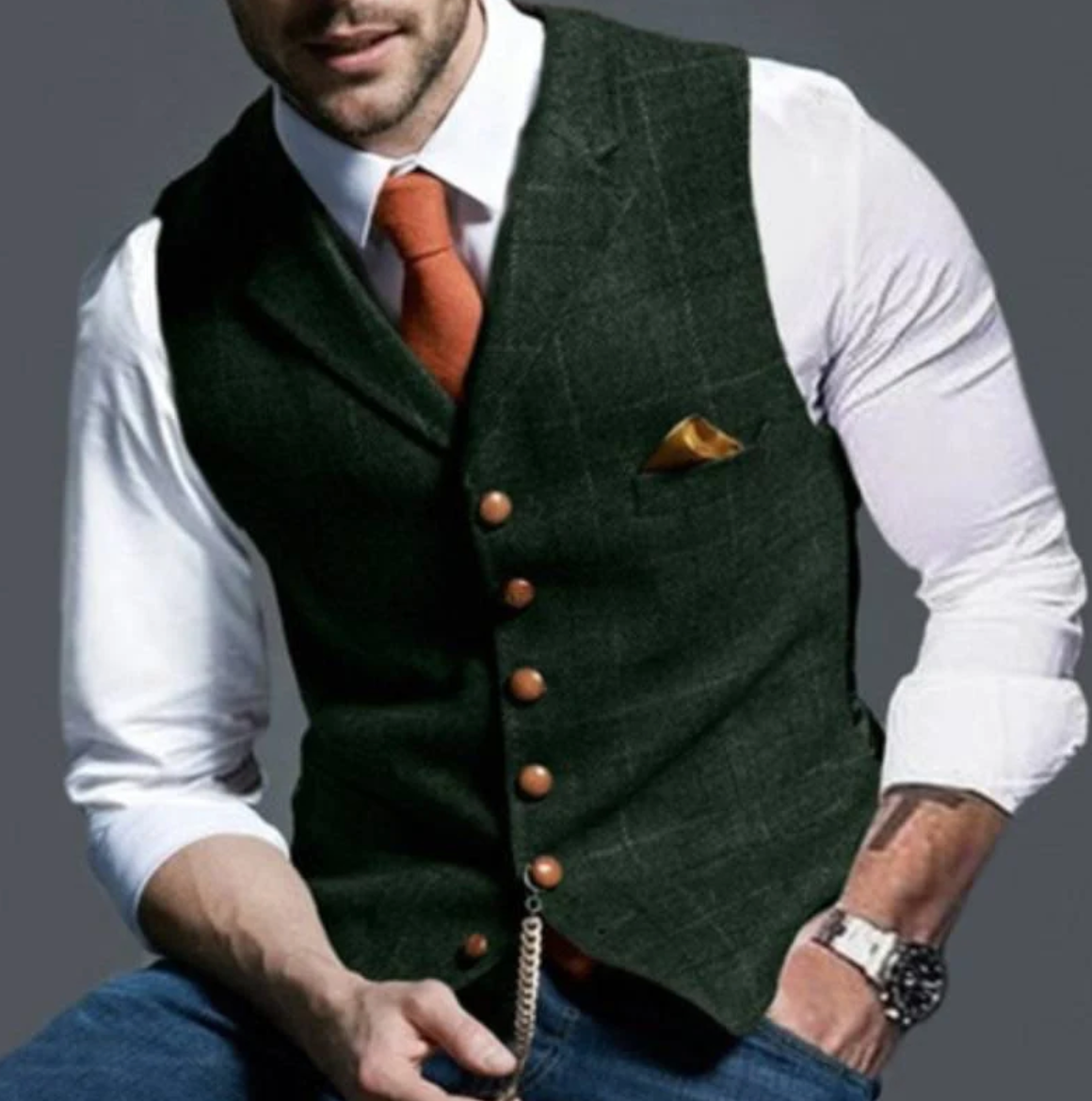 Mens V-Neck Vest with Adjustable Back Strap and Button Front, Woven Blend