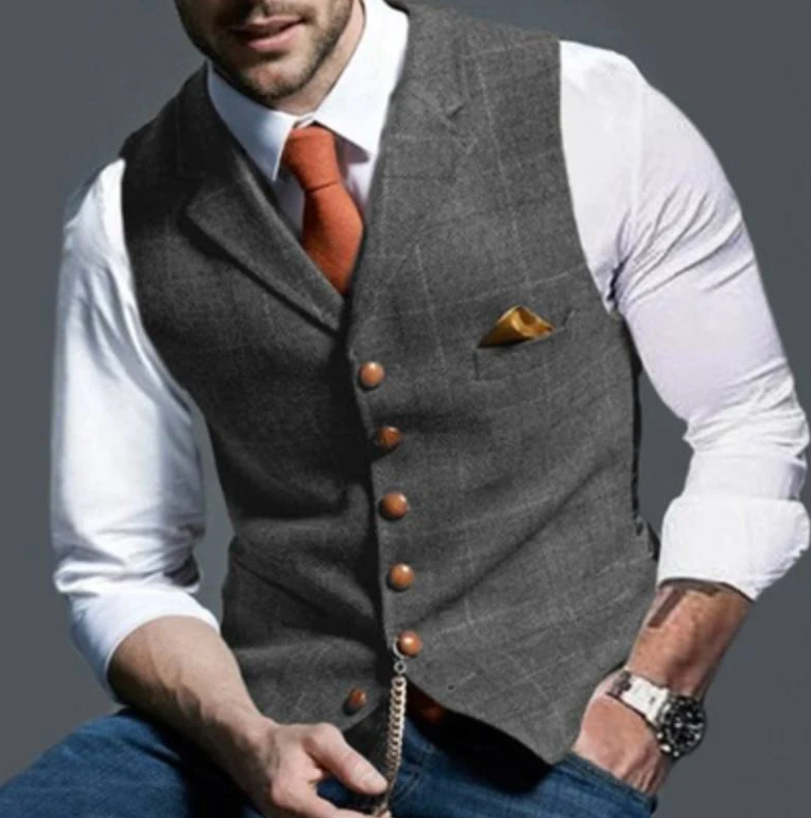 Mens V-Neck Vest with Adjustable Back Strap and Button Front, Woven Blend
