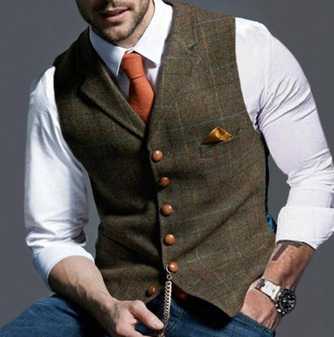 Mens V-Neck Vest with Adjustable Back Strap and Button Front, Woven Blend