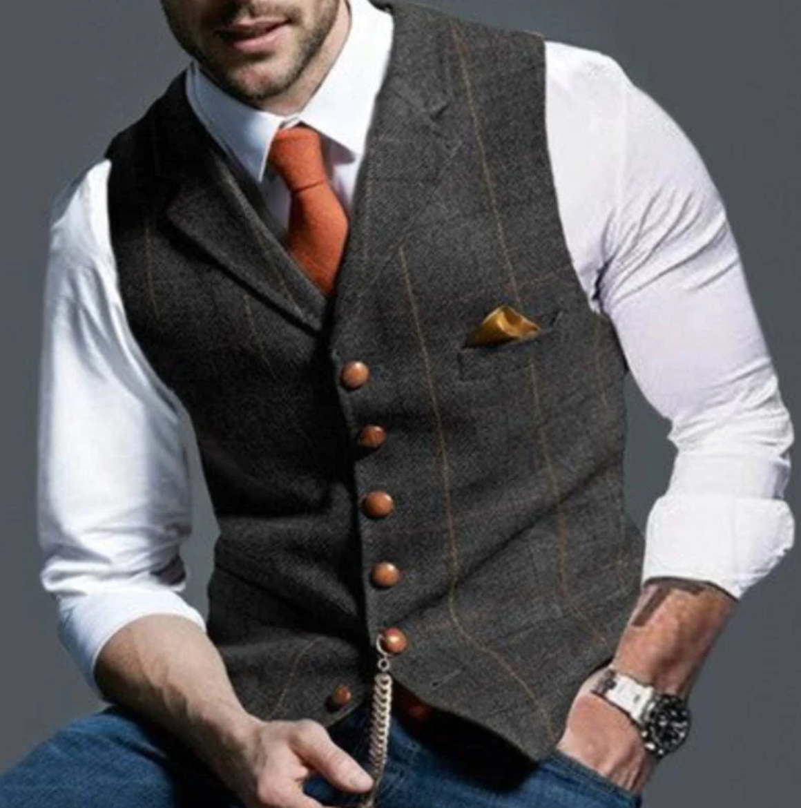 Mens V-Neck Vest with Adjustable Back Strap and Button Front, Woven Blend