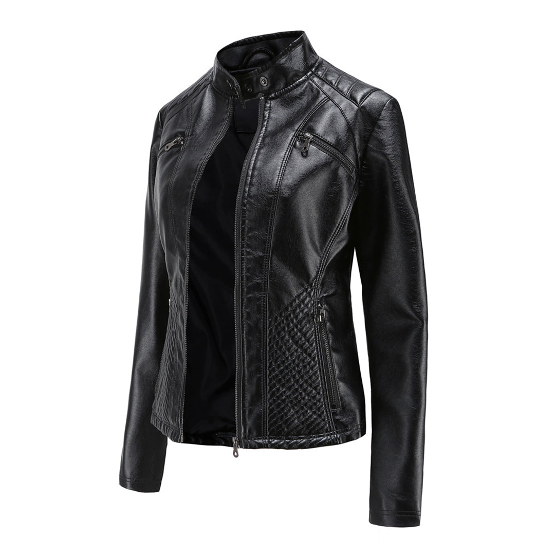 Womens Faux Leather Biker Jacket with Quilted Shoulders and Tailored Fit, Zip Pockets