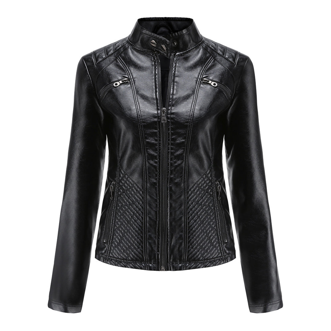 Womens Faux Leather Biker Jacket with Quilted Shoulders and Tailored Fit, Zip Pockets