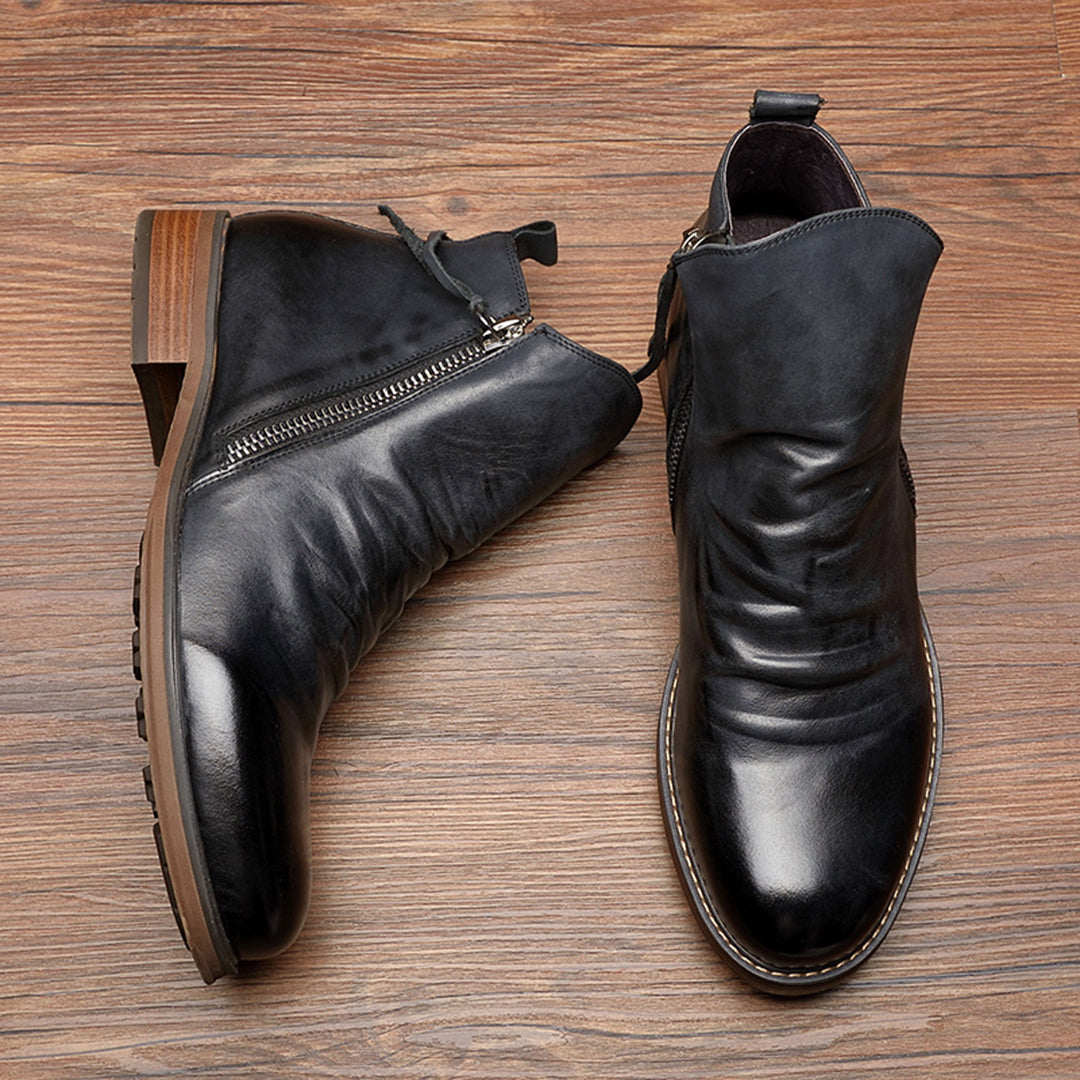 Mens Leather Ankle Boots with Side Zipper and Cushioned Footbed