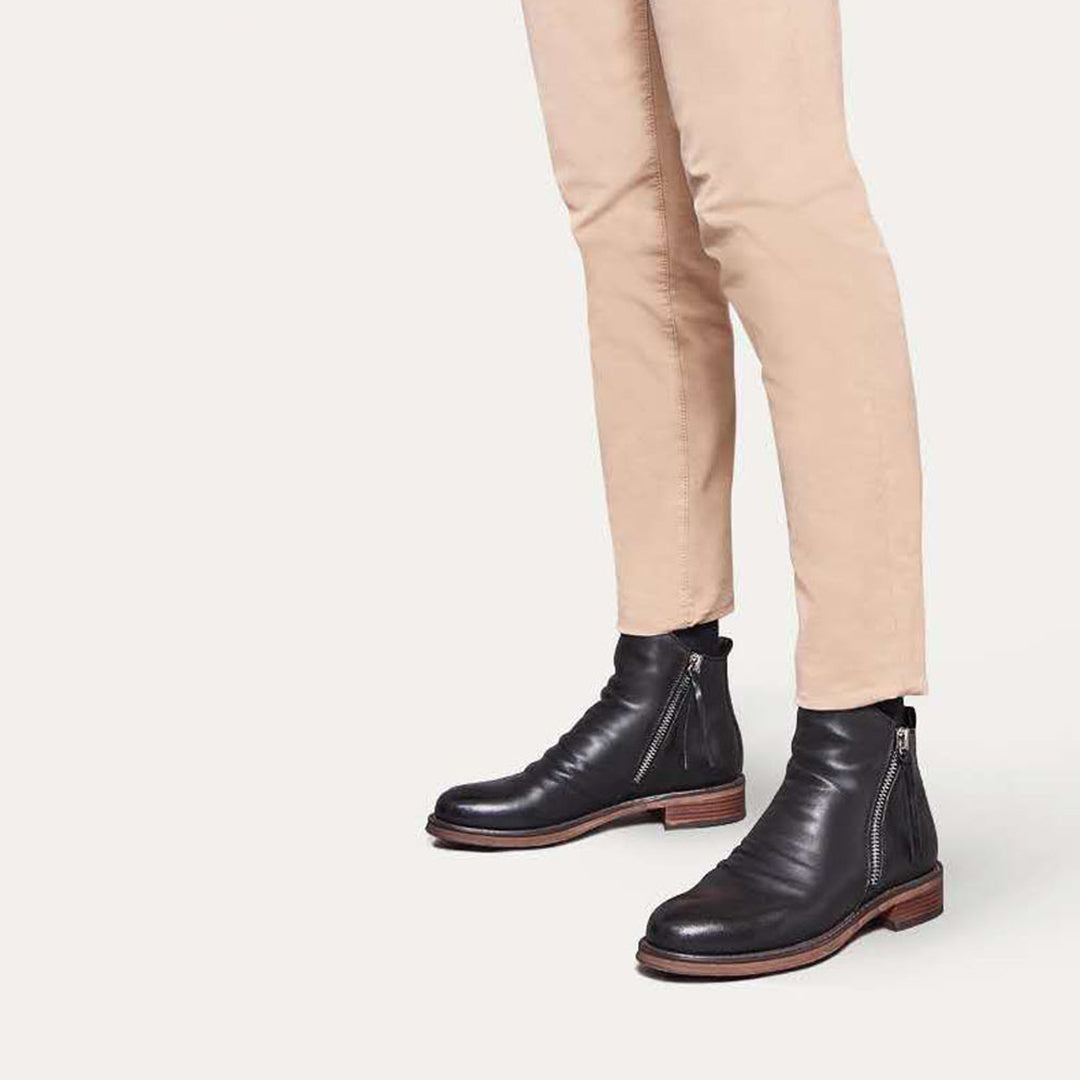 Mens Leather Ankle Boots with Side Zipper and Cushioned Footbed
