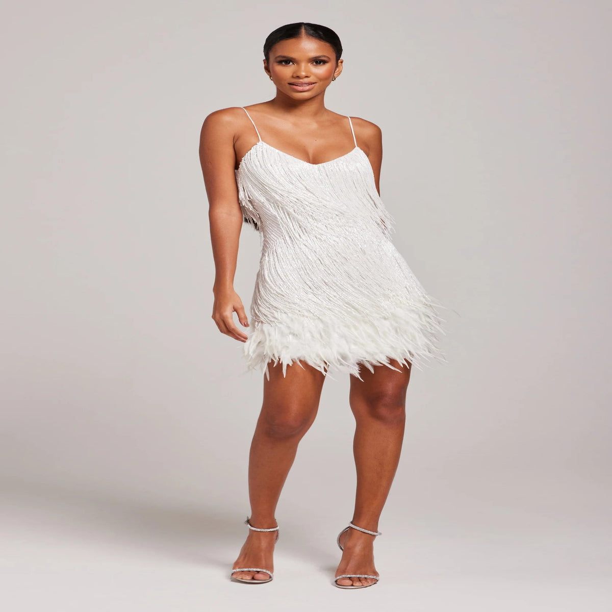 Cocktail Dress with Feather Fringe and Tailored Silhouette - Above Knee Length