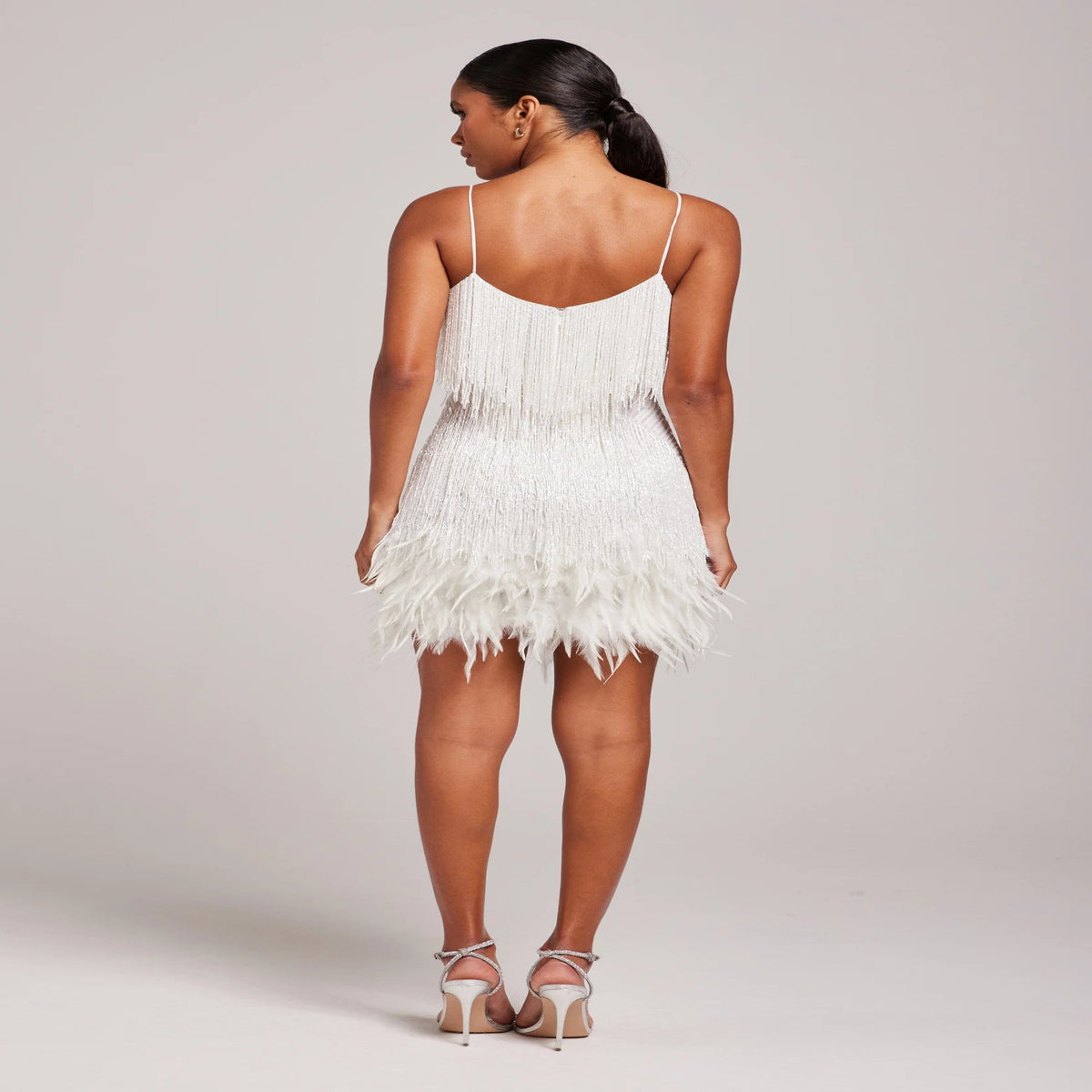 Cocktail Dress with Feather Fringe and Tailored Silhouette - Above Knee Length