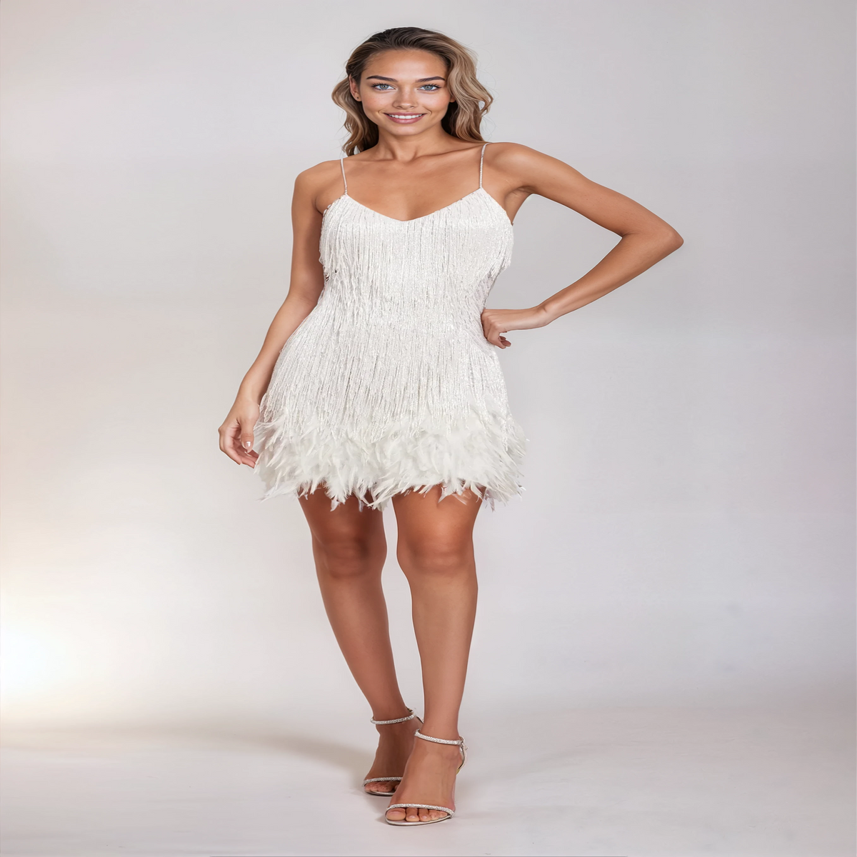 Cocktail Dress with Feather Fringe and Tailored Silhouette - Above Knee Length