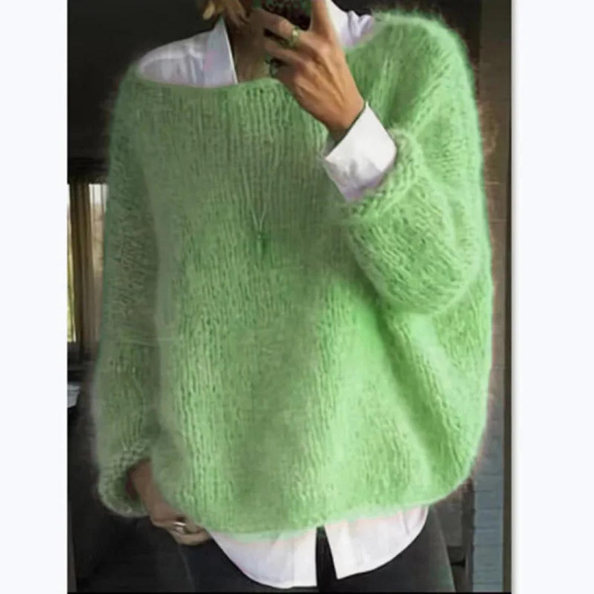 Long Sleeve Knit Sweater for Women with Soft Fuzzy Texture and Relaxed Fit, Ribbed Hem