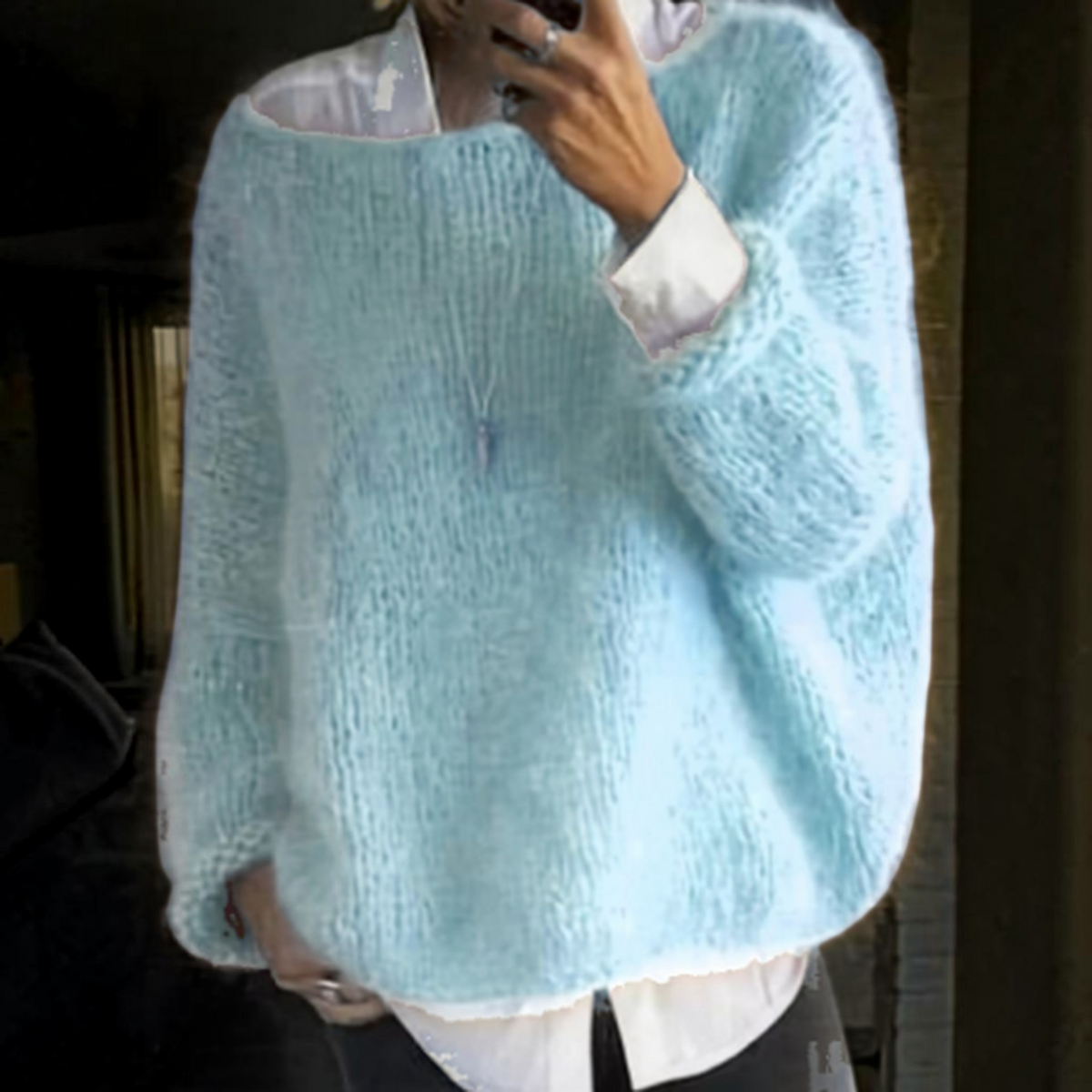 Long Sleeve Knit Sweater for Women with Soft Fuzzy Texture and Relaxed Fit, Ribbed Hem