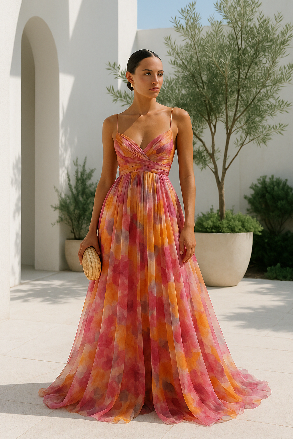 Women's Maxi Dress β Multicolor, Thin Straps, V-Neck, Fluid Silhouette