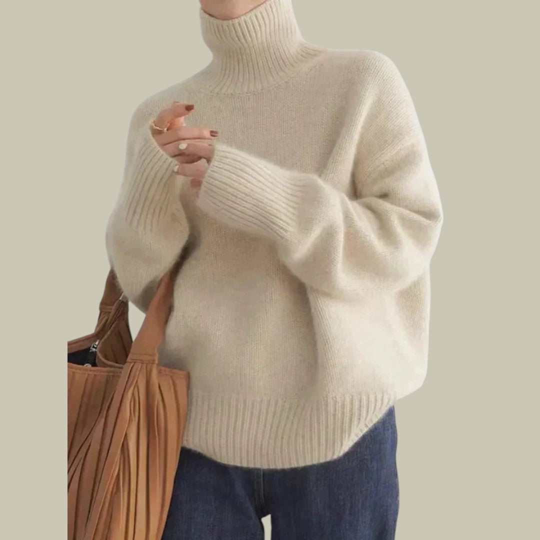 Womens Merino Wool Sweater with High Neck and Relaxed Silhouette, Soft Blend
