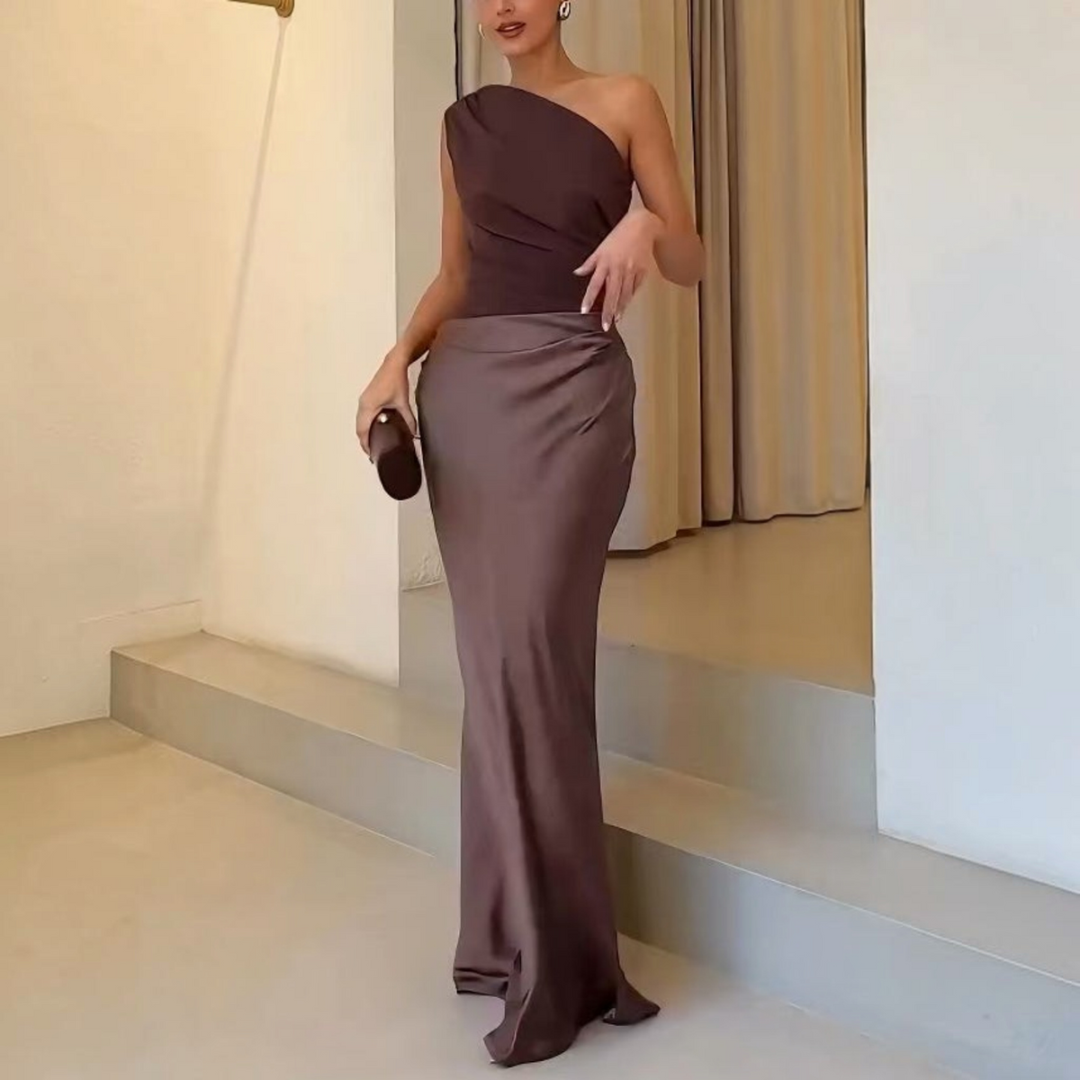 One Shoulder Maxi Dress with Pleated Asymmetric Waist and Full Lining, Floor-Length