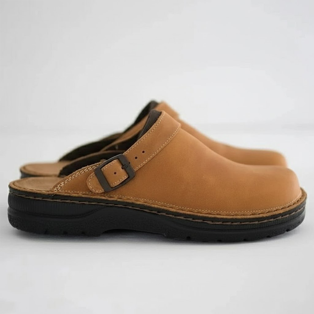 Leather Slip-On Clogs with Cushioned Thick Sole and Removable Padded Insole, Backless