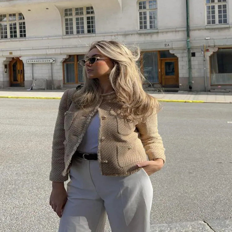 Cropped Tweed Blazer with Button Front and Tailored Fit - Fully Lined