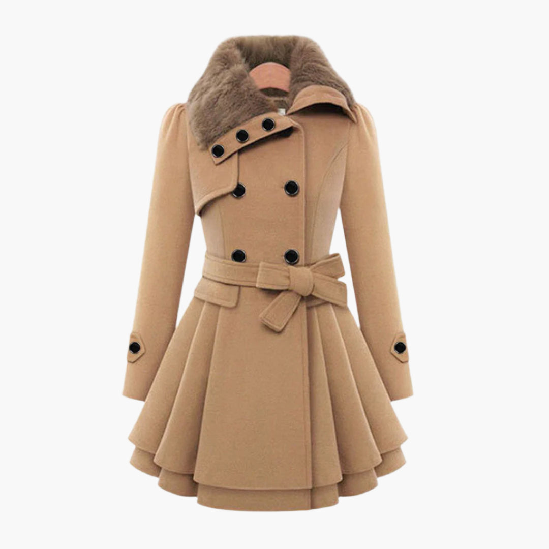 Womens Short Dress Coat with Faux Fur Collar and Adjustable Waist Tie
