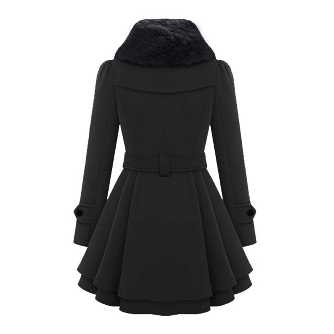Womens Short Dress Coat with Faux Fur Collar and Adjustable Waist Tie