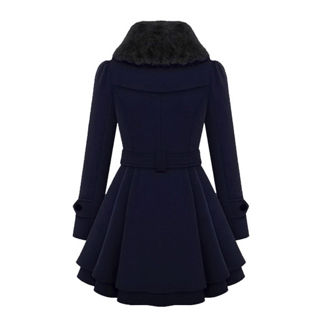 Womens Short Dress Coat with Faux Fur Collar and Adjustable Waist Tie