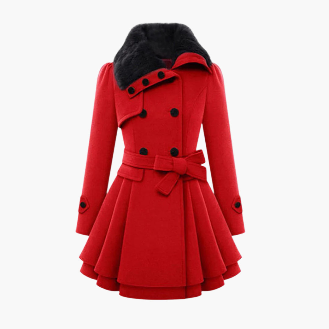 Womens Short Dress Coat with Faux Fur Collar and Adjustable Waist Tie