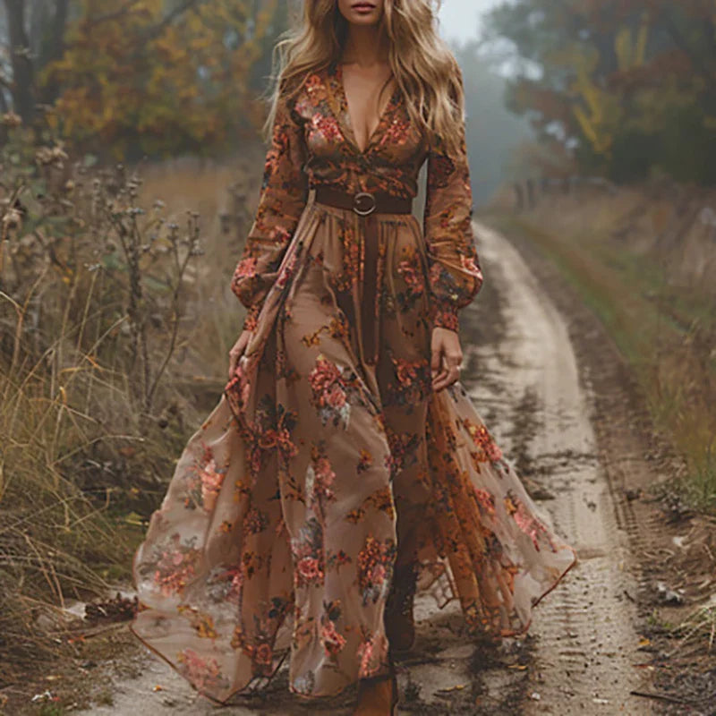 Floral Maxi Dress with Pleated Silhouette and Button-Front Closure, Shirt Collar