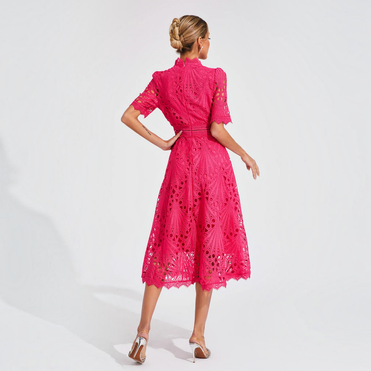 Lace Midi Dress with Scoop Neck and Lightweight Lining, Back Zipper