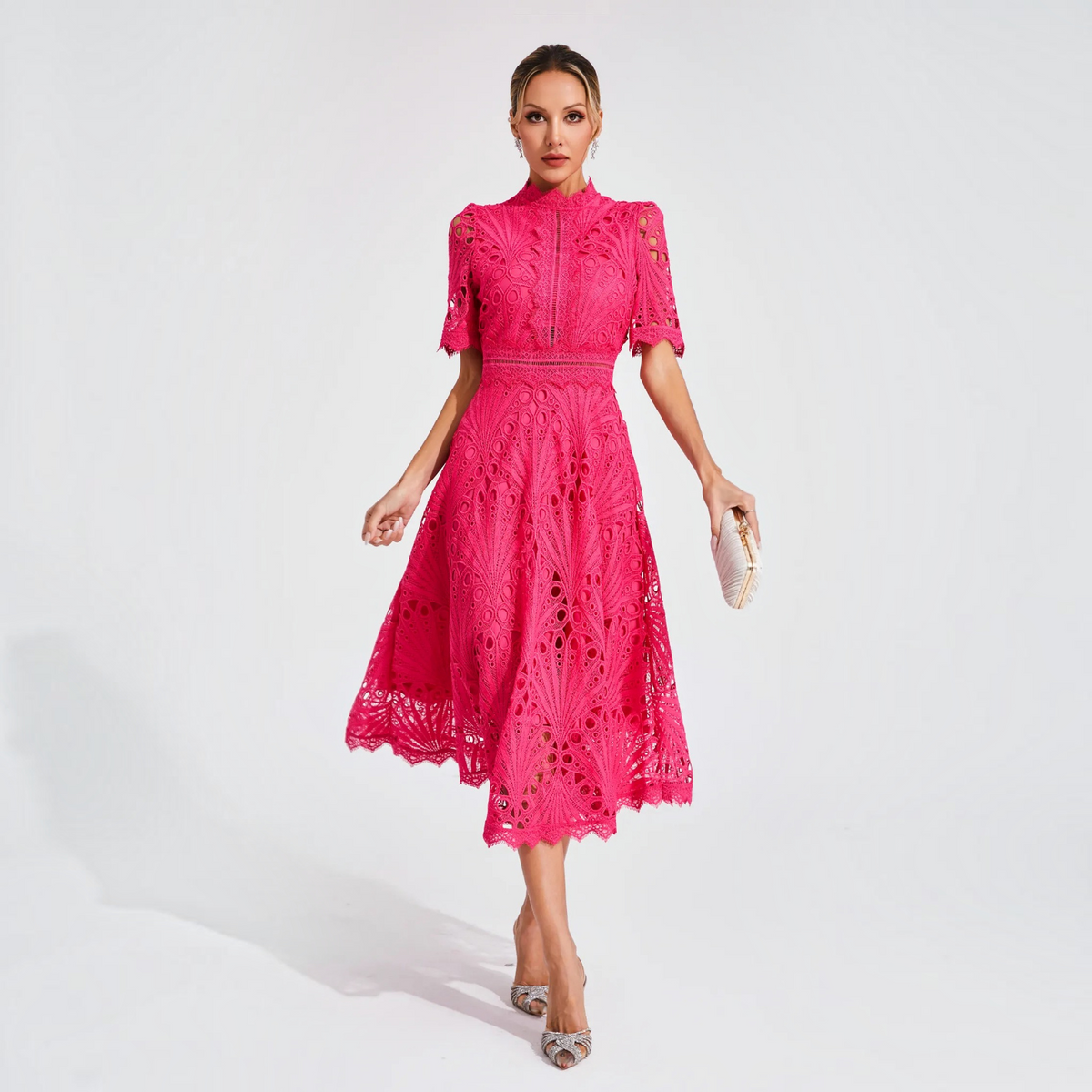 Lace Midi Dress with Scoop Neck and Lightweight Lining, Back Zipper