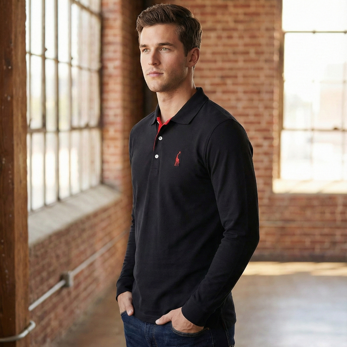 Mens Long Sleeve Polo Shirt with Slim Fit and Button Placket, Machine Washable