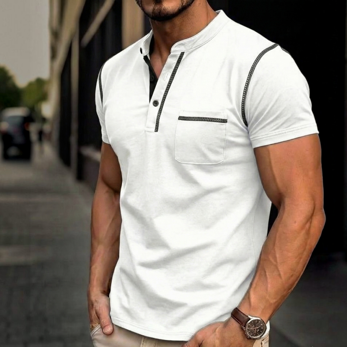 Henley Polo Shirt for Men with Button Placket and Chest Pocket, Breathable Soft Knit