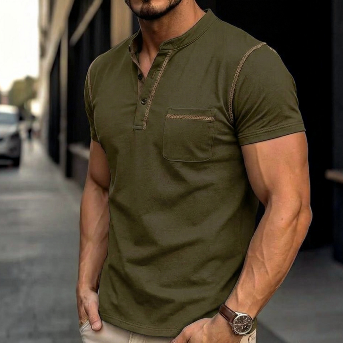 Henley Polo Shirt for Men with Button Placket and Chest Pocket, Breathable Soft Knit