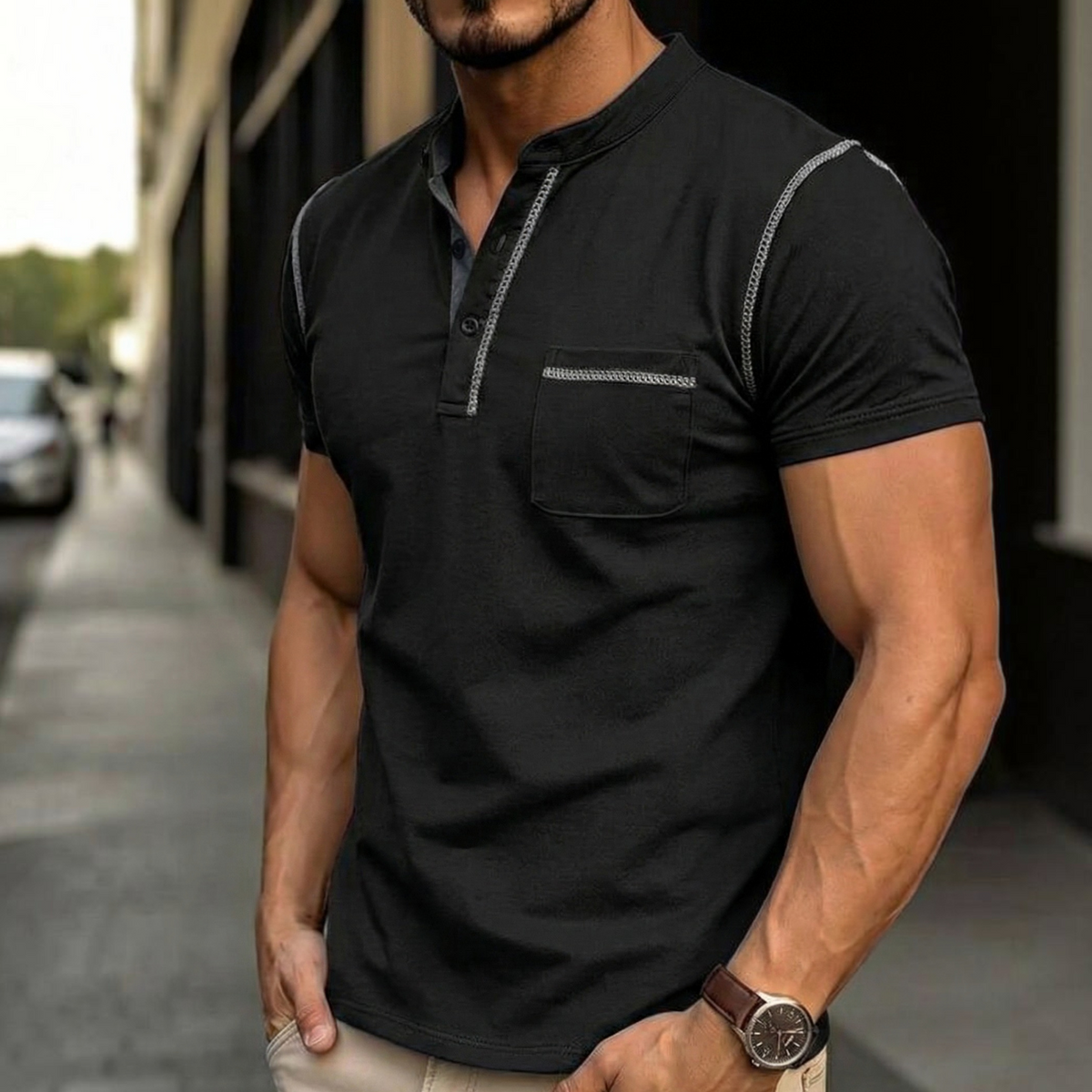 Henley Polo Shirt for Men with Button Placket and Chest Pocket, Breathable Soft Knit