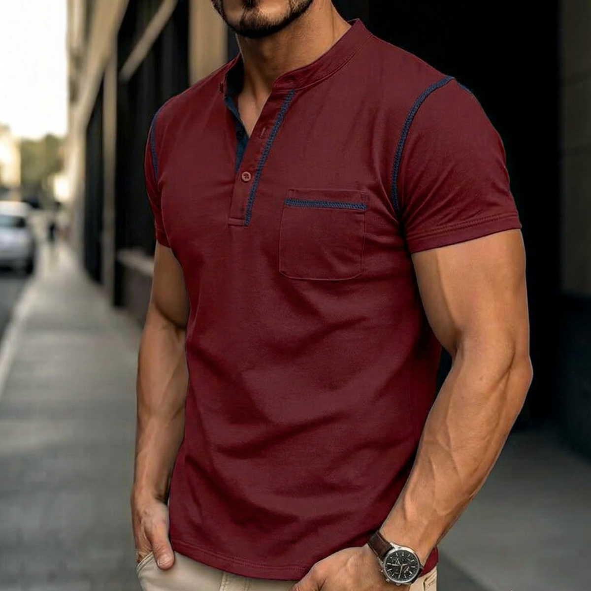 Henley Polo Shirt for Men with Button Placket and Chest Pocket, Breathable Soft Knit
