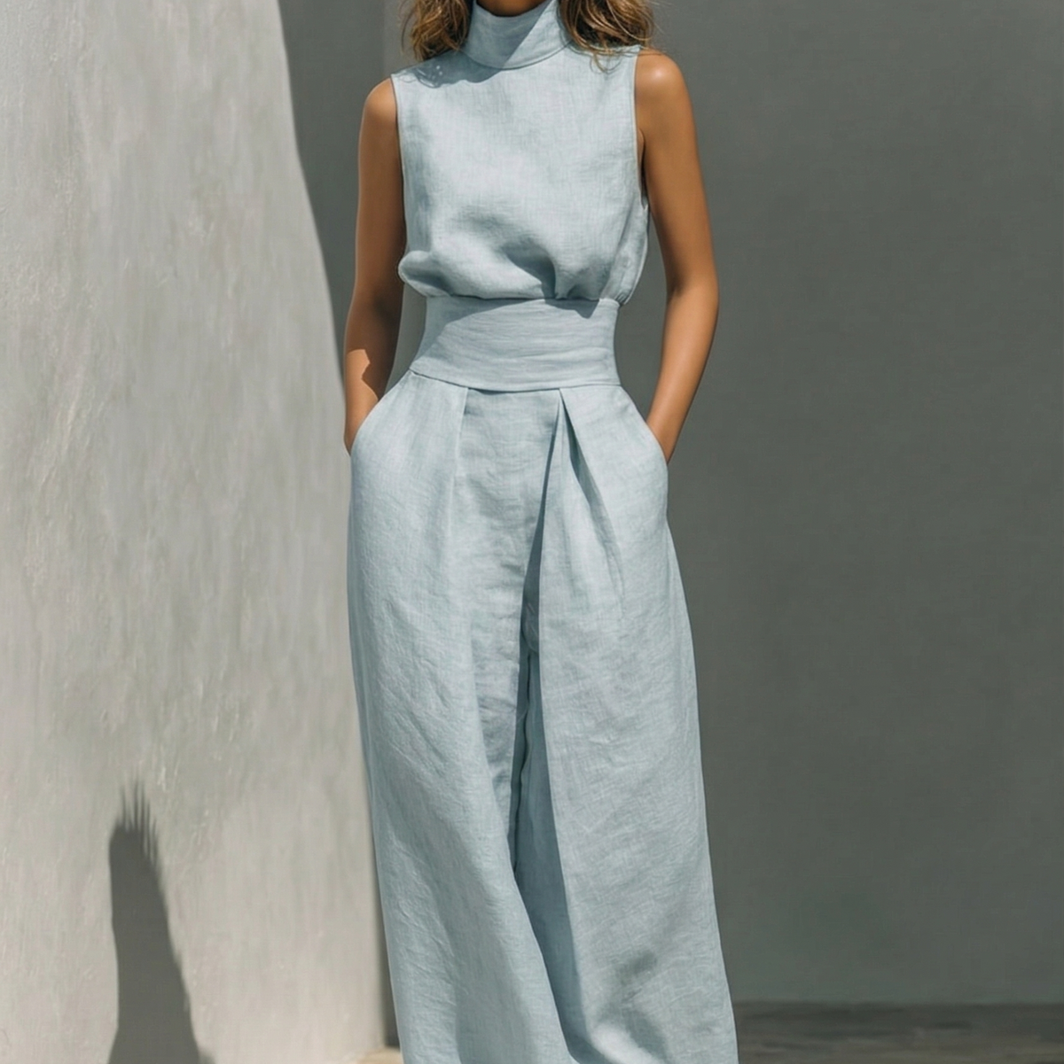 Cotton Linen Two Piece Set with Camisole Top and Wide Leg Pants