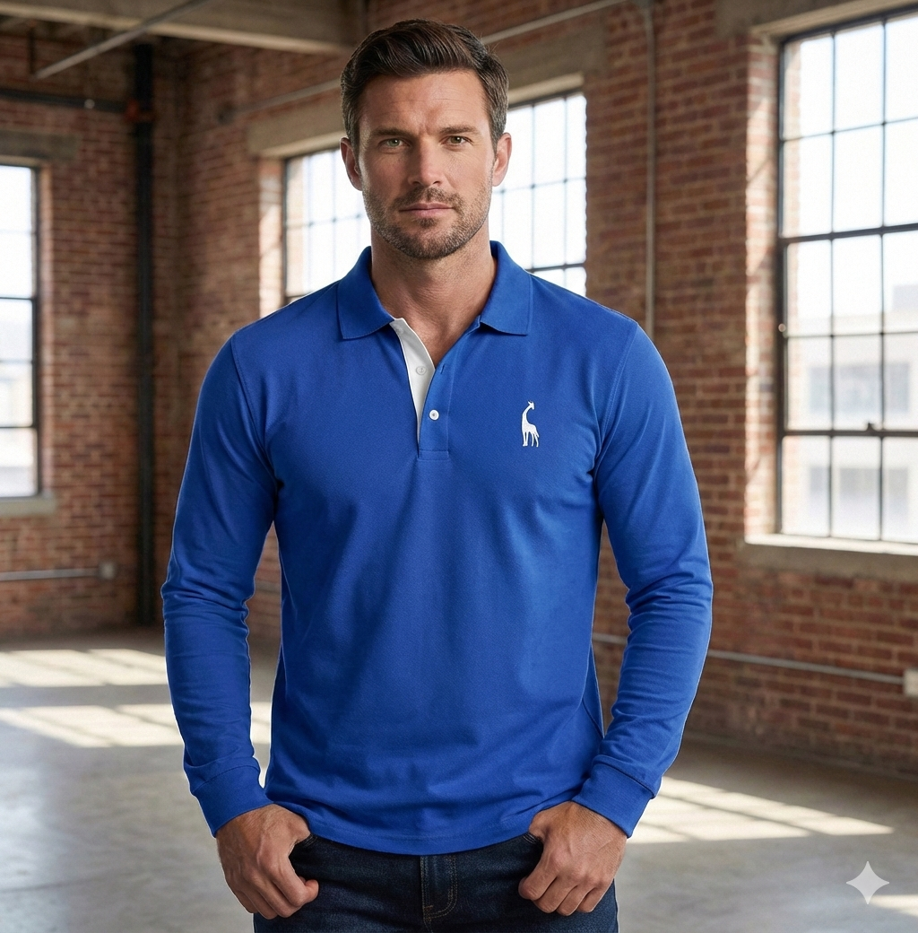 Mens Long Sleeve Polo Shirt with Slim Fit and Button Placket, Machine Washable