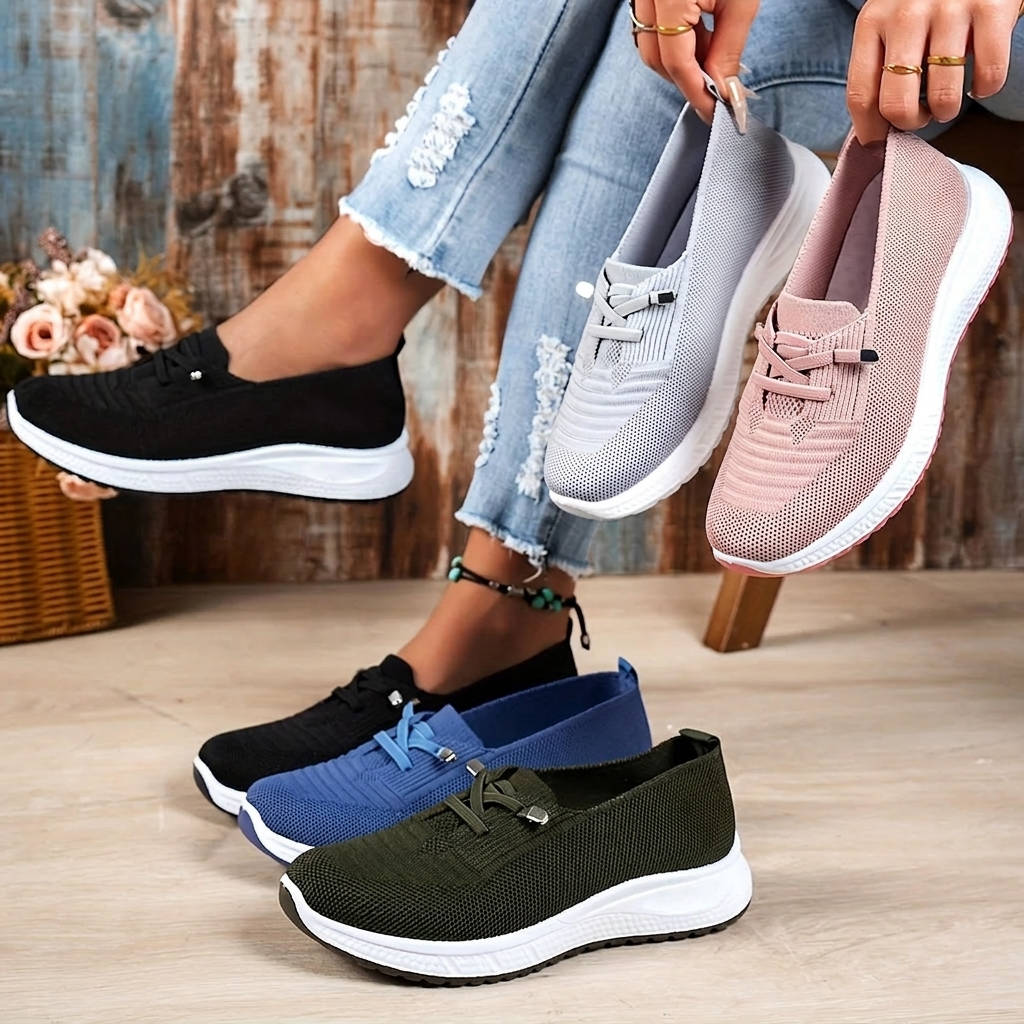 Womens Slip-On Mesh Sneakers with Elastic Lace and Cushioned Sole for Everyday Walking