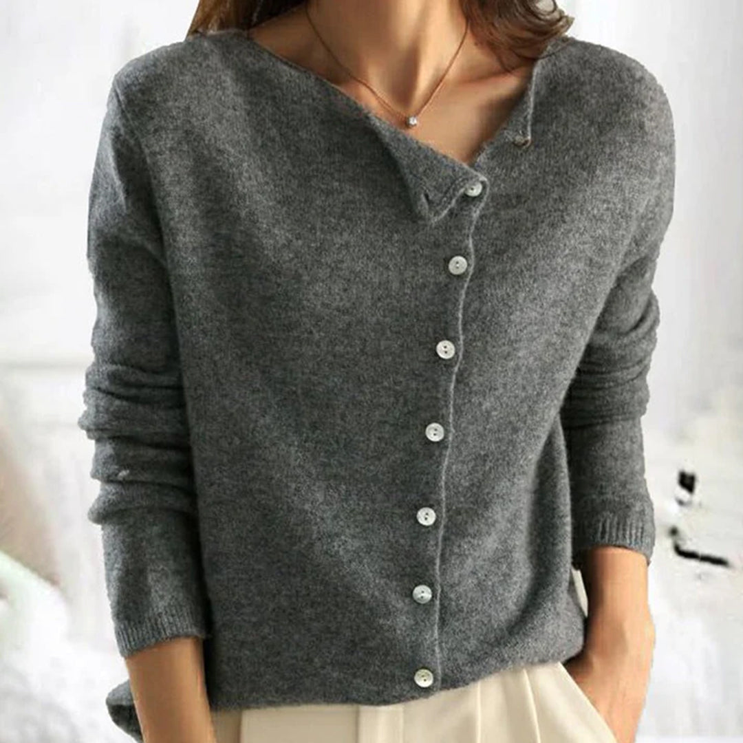 Womens Stretch Knit Sweater with Asymmetric Buttons and Lightweight Fabric