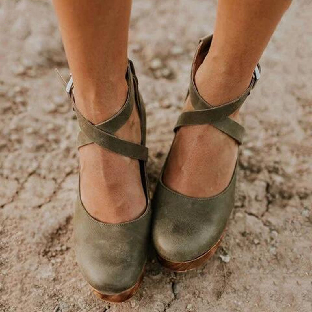 Wedge Heels with Adjustable Ankle Strap and Closed Toe, Cushioned Insole