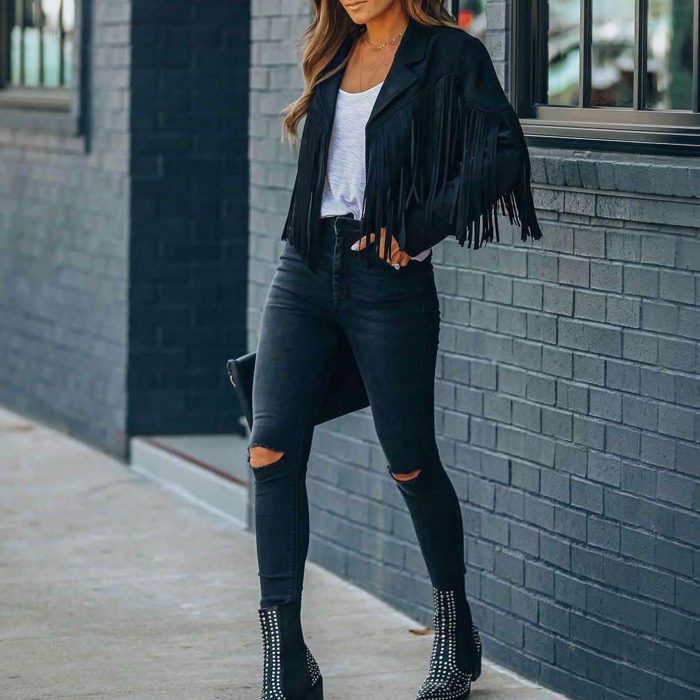 Womens Suede Moto Jacket with Fringe and Tailored Cut, Front Zip