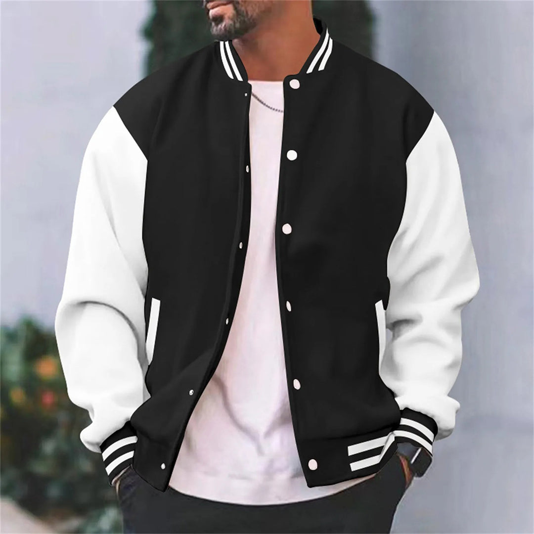 Mens Varsity Jacket with Metal Snap Front and Ribbed Trims, Relaxed Fit