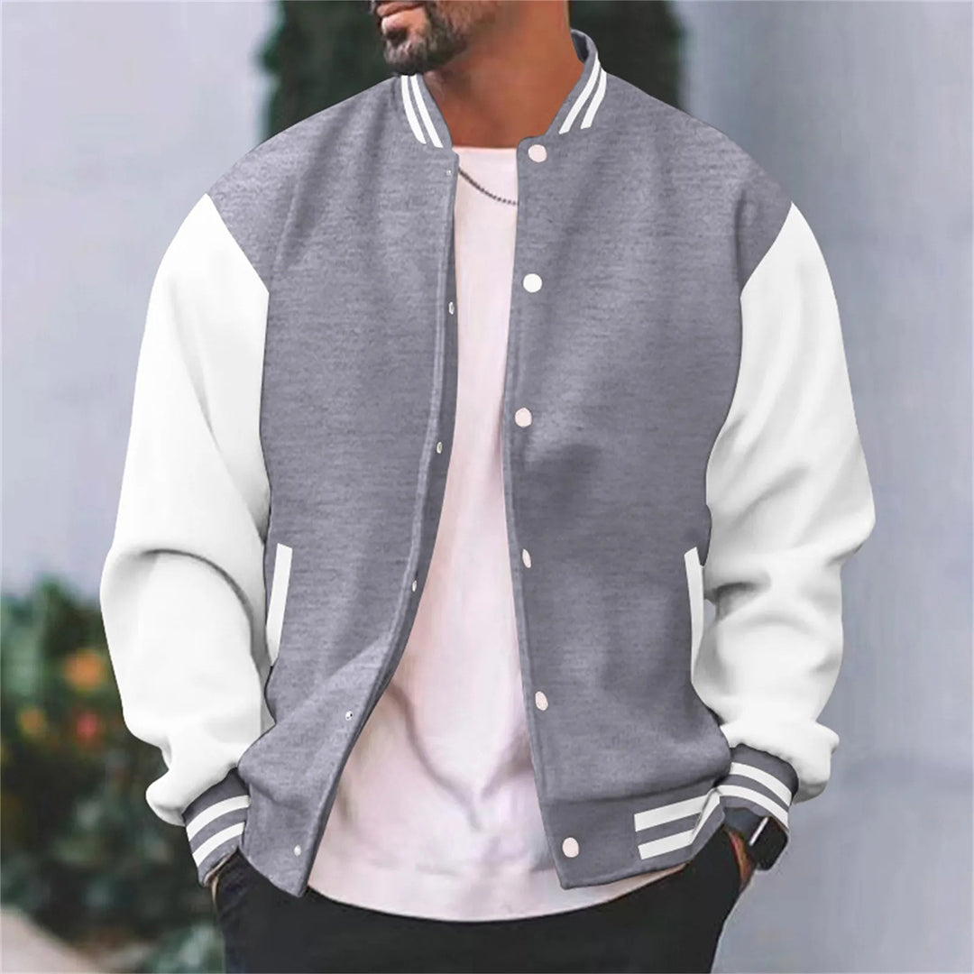 Mens Varsity Jacket with Metal Snap Front and Ribbed Trims, Relaxed Fit