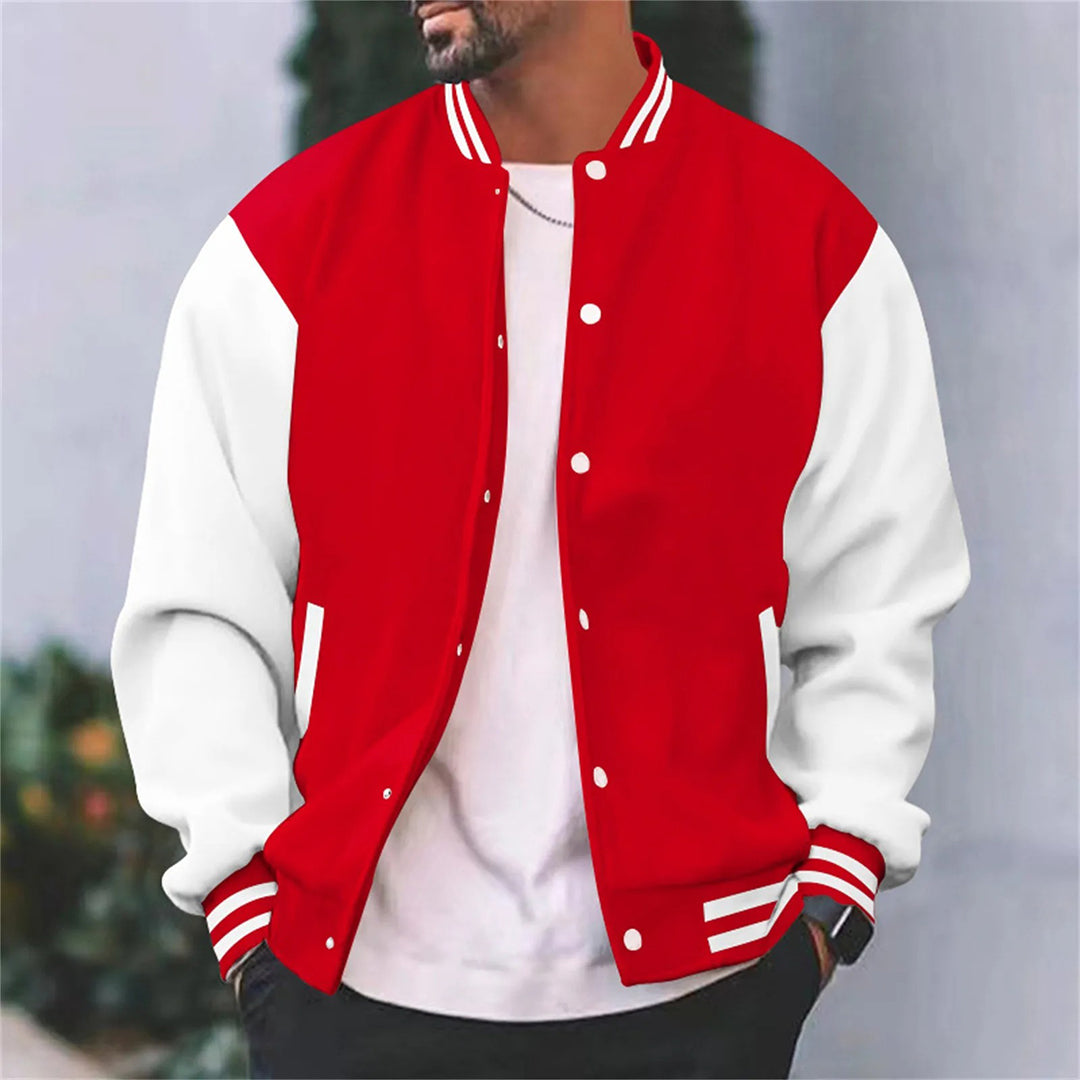Mens Varsity Jacket with Metal Snap Front and Ribbed Trims, Relaxed Fit